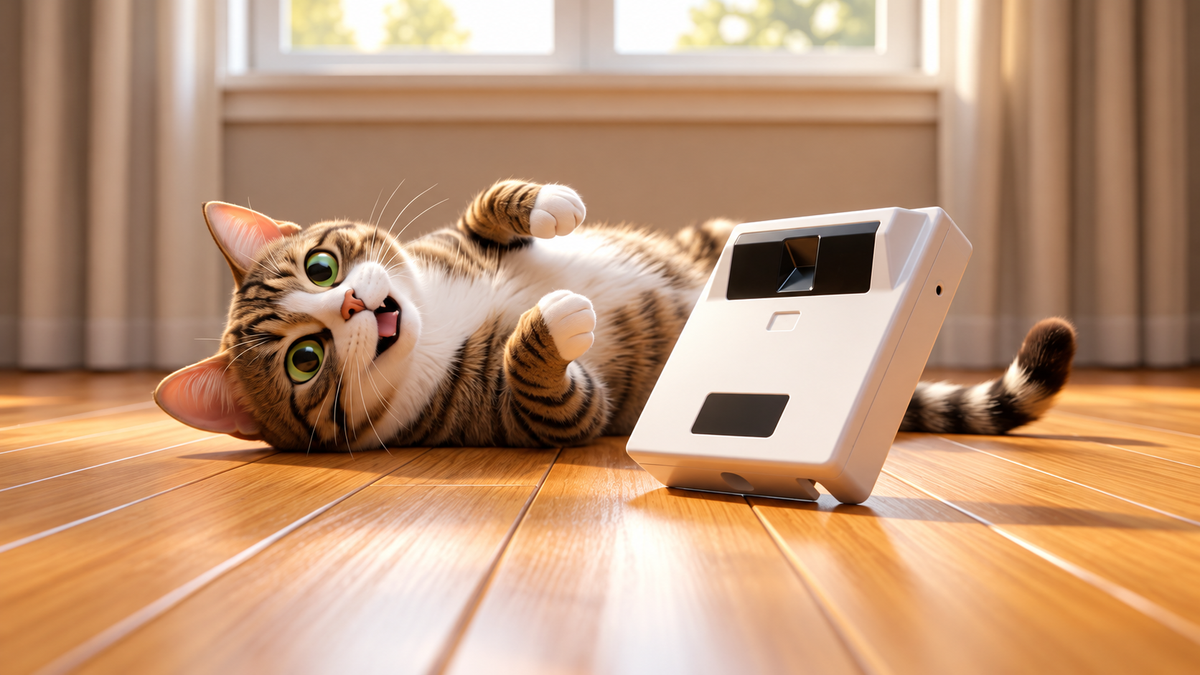 ZeroMOUSE 2.0 AI Sensor next to a cat on a wooden floor